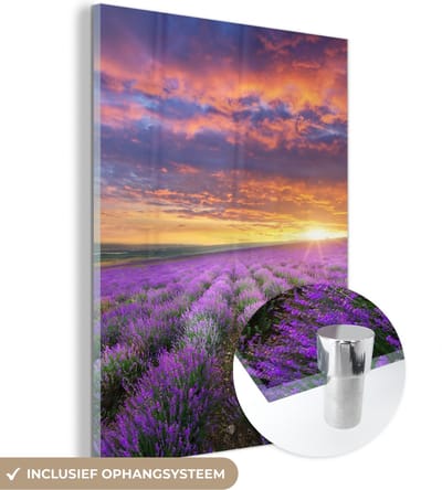 MuchoWow® Glasschilderij 30x40 cm - Schilderij acrylglas - Lavendel - Wolken - Lente - Foto op glas - Schilderijen