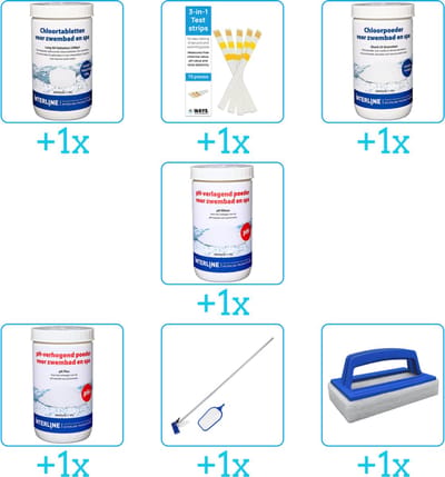 Zwembad Onderhoudspakket - Onderhoud Zwembad - bevat Chloor - Testrips - Chloor - PH-min - PH-plus - Schoonmaakset en Scrubborstel (7-delig)