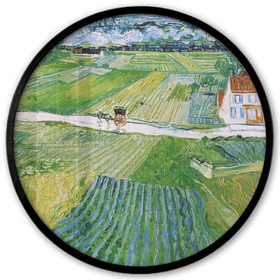 Poster in lijst Rond - Fotolijst 40x40 cm - Posters - Landschap met koets en trein - Vincent van Gogh - Ronde posterlijst zwart - Decoratie - Wanddecoratie woonkamer - Muurdecoratie slaapkamer