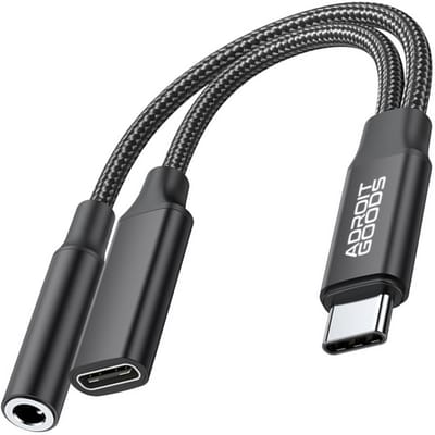 AdroitGoods USB-C naar jack adapter en opladen, 2-in-1 USB C naar 3,5 mm Aux-hoofdtelefoonadapter, ondersteunt PD 15W snel opladen, type C-adapter, Zwart
