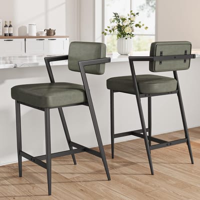 Barkrukken Set van 2 - Zithoogte 65 cm - Groen PU-Leder - Industrieel Design - Met Rugleuning & Voetensteun - Belastbaar tot 181 kg