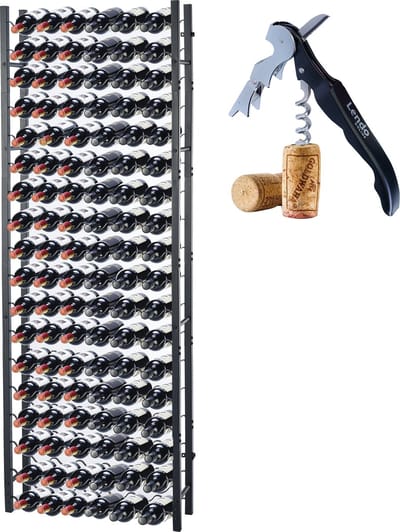 Lendo Online Wijnrek voor 108 flessen 65x20x180cm (LxBxH) Wijnkast - Wijnfleshouder - Wijnopslag met kurkentrekker Zwart Poedercoating Metaal Staal Flessenrek Industriële stijl