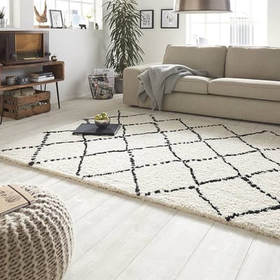 Hoogpolig vloerkleed geruit Allure - crème/zwart 80x150