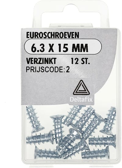 Meubelschroef. Euroschroef. verzinkt. 6.3 x 15 mm. 12 stuks. Deltafix.