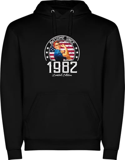 Zwarte unisex hoodie met “ Kleurrijke Awesome Since 1982 Limited Edition – Leeftijd – Verjaardag “ Print Full Color Color merk Roly maat S