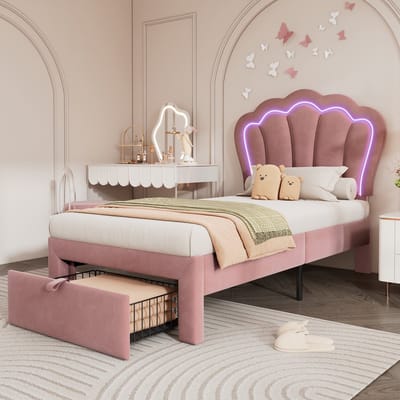 Wishdor Eenpersoonsbed 90x200 cm – LED & Verstelbaar Hoofdbord – Bloemenpatroon – Roze Fluweel – Met Opberglade