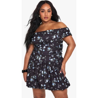 boohoo Dames PLUS DISTY BENGALINE BARDOT PUFFBALL MINI JURK | Black | Maat: 24