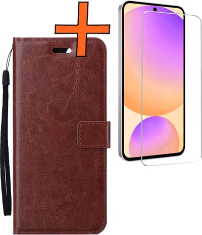 Hoes - Met Screenprotector - Geschikt voor Samsung Galaxy S24 FE - Luxe Pasjeshouder - Bookcase Portemonee - Flip Case - Kunstleer Book Case - Flipcase - Book Cover - Walletcase - PortemonneeHoes - Bruin