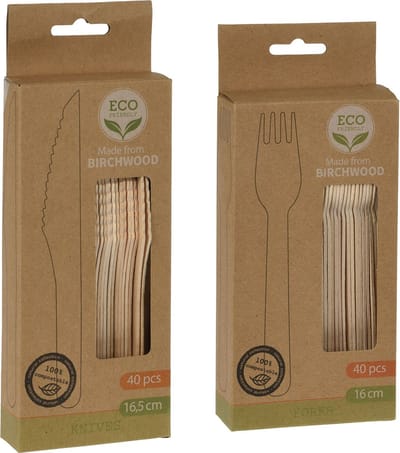 BBQ/verjaardag/camping bestek set - mes en vork - 40 personen - hout - 16cm - eco friendly - wegwerp