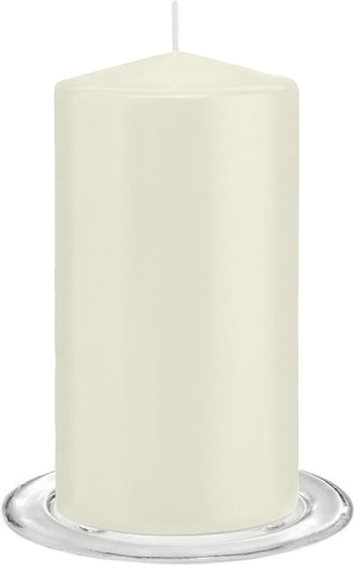 Trend Candles - Stompkaarsen met glazen onderzetters set van 2x stuks ivoor wit 8 x 15 cm