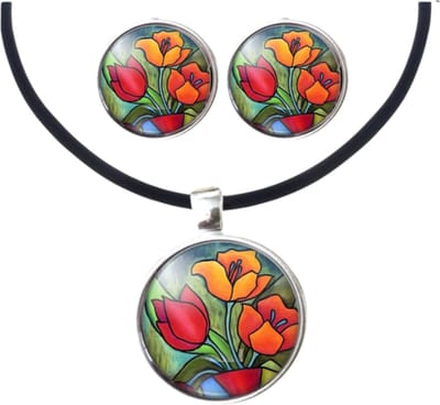 Set Tulp clip oorbellen zilverrand en ketting - Charme Bijoux