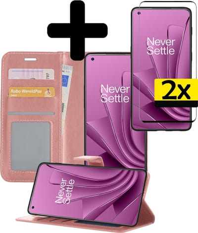 Hoesje - Met 2x Screenprotector - Geschikt voor OnePlus 10 Pro - Luxe Pasjeshouder - Bookcase Portemonee - Flip Case - Kunstleer Book Case - Flipcase Hoes - Book Cover - Walletcase - Portemonneehoes - Telefoonhoesjes - Rosé goud
