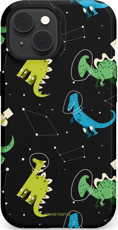 Casetastic hoesje geschikt voor Apple iPhone 15 - MagSafe - Dubbellaagse bescherming - Dino in de sterren - Fashion Case - Zwart Groen