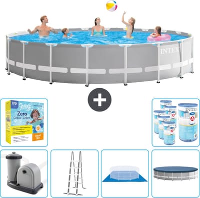 Intex Rond Prism Frame Zwembad - 610 x 132 cm - Grijs - Inclusief Pomp - Ladder - Grondzeil - Afdekzeil Onderhoudspakket - Filters