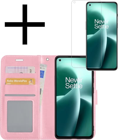 Hoesje - Met Screenprotector - Geschikt voor OnePlus Nord 2T - Luxe Pasjeshouder - Bookcase Portemonee - Flip Case - Kunstleer Book Case - Flipcase - Book Cover - Walletcase - Portemonneehoes - Lichtroze