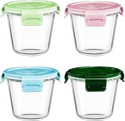 Famanu - 4-pack ronde glazen soepcontainers met luchtdichte deksels, bpa-vrij, magnetron-, vriezer- en vaatwasmachinebestendig