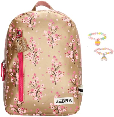 Zebra Rugzak Girls - Gold flowers - kinderrugtas, rugtas, kinderrugzak, schooltas + armbandje
