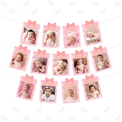 Dailygoods- Foto Banner - Cartoon Muis - Feest Decoratie - Eerste Verjaardag - Roze/Goud - 13 Fotolijsten met Strikken - Feestdecoratie
