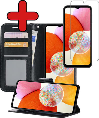 Hoesje - Met Screenprotector - Geschikt voor Samsung Galaxy A14 - Luxe Pasjeshouder - Flipcase - Bookcase Portemonee - Flip Case - Kunstleer Book Case - Book Cover - Walletcase - Portemonneehoes - Telefoonhoes - Zwart