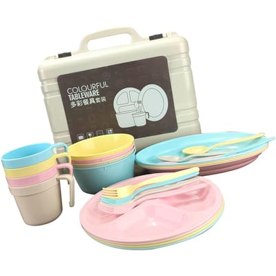 Vaisselle Colorée Ensemble de Couverts en Plastique Portables Tasse Fourchette Cuillère pour Pique-nique Activités de Plein Air gray