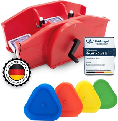 Kyto handmatige kaartenschudmachine met handslinger rood incl. 1x speelkaarten - Kaartenschudder + 4 stuks speelkaarthouders voor 35 kaarten elk