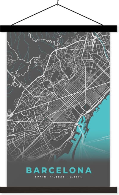 Posterhanger incl. Poster 40x60 cm - Schoolplaat - Barcelona - Blauw - Plattegrond - Kaart - Stadskaart - Textielposter - Zwarte latten - Stadskaart