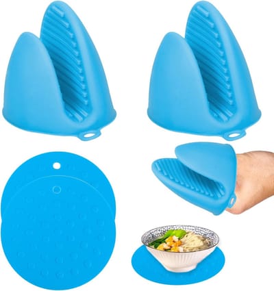 Thijox - Siliconen Ovenhandschoenen Dikker met 2 Onderzetters - Mini-Ovenwanten Waterdicht voor Koken, Bakken, Grillen en Magnetron - Blauw