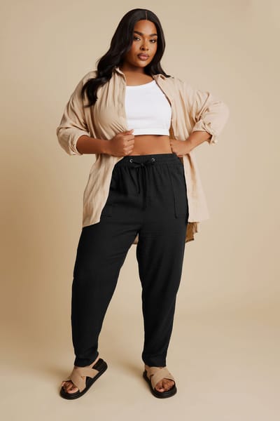 Yours Joggingbroek Van Linnenmix En Toelopende Pijpen In Zwart Size 42