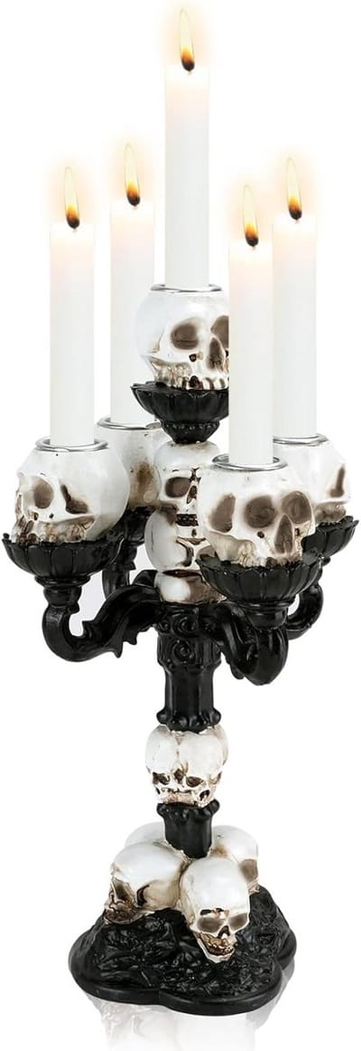 Gave Zwarte Kandelaar met Doodshoofd Decoratie voor Halloween en Gothic Interieur
