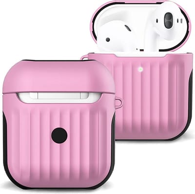 Case Geschikt voor AirPods 1 Hoesje Hoes Hard Cover Ribbels - Hoesje Geschikt voor Apple Airpods 1 Case Met Ribbels - Lichtroze