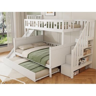 ModernLuxe Stapelbed 90x200 + 140x200 cm - massief hout - met glijbaan, plank en onderschuifbed 90x190 cm - Wit