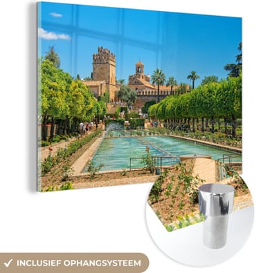 ® Glasschilderij 180x120 cm - Schilderij acrylglas - Zomers plein met groene bomen in Spaanse stad Córdoba - Foto op glas - Muurdecoratie woonkamer - Wanddecoratie slaapkamer - Schilderijen