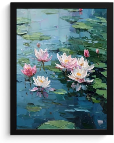Poster in lijst - Fotolijst 30x40 cm - Posters - Waterlelies - Bloemen - Roze - Water - Posterlijst zwart - Decoratie - Wanddecoratie woonkamer - Muurdecoratie slaapkamer