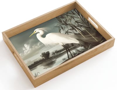 Dienblad hout 40x30 cm - Schootdienblad - Reiger - Planten - Wolken - Wit - Borrelplank rechthoek - Plateau dienbladen
