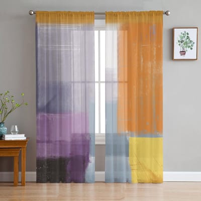 Abstract Olieverf Oranje Paars Transparante Gordijnen Voor Woonkamer Slaapkamer Huisdecoratie Keuken Tule Voor Ramen Voile Gordijnen 135W x 114H(cm) brown