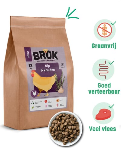 BROK Hondenvoeding - Kip & Kruiden - 12 KG Graanvrij Hondenvoer - BROK voor Volwassen Honden - Gezonde Hondenvoeding - Licht Verteerbaar Hondenvoer - Hondenbrokken Met Veel Vlees - Premium Hondenvoer