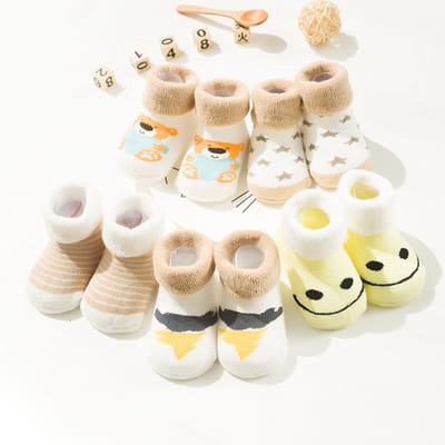 Vijf paar extra dikke, warme sokken, gemaakt van puur katoen, elastisch, antislip, bruin (maat S, geschikt voor baby's van 0-12 maanden).