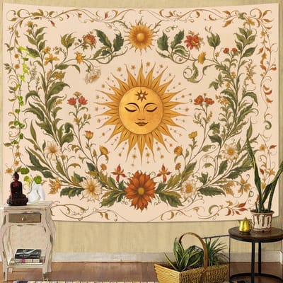 Boho Zon en Maan Wandkleed, Kleurrijk Hemels Sterrenhemel Mandala Print Wanddecoratie voor Slaapkamer Woonkamer Studentenkamer 70x100CM