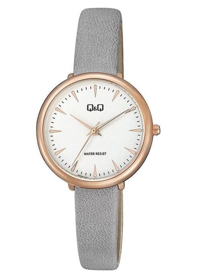 Q&Q QC35J101Y - Horloge - Analoog - Vrouwen - Dames - Leren band - Rond - Metaal - Streepjes - Grijs - Rosékleurig - Wit - 3 ATM