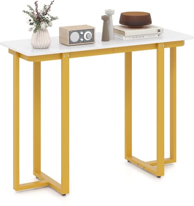 COSTWAY Consoletafel smal, moderne entreetafel met marmerlook en metalen frame, banktafel voor woonkamer, hal, ingang, 107 x 40 x 79,5 cm (goud en wit)