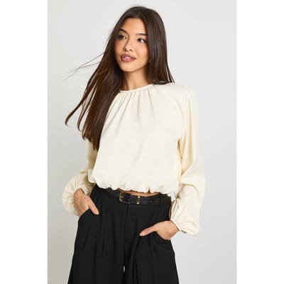 boohoo Dames Plisse top met ballonmouwen | Cream | Maat: 10