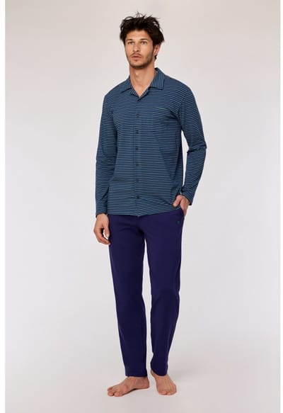 Woody pyjama heren doorknoop - donkerblauw gestreept - 252-10-MBT-Z/931 - maat L