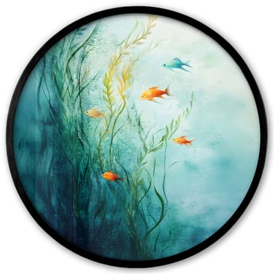 Poster in lijst Rond - Fotolijst 40x40 cm - Posters - Waterplanten - Vissen - Kleurrijk - Water - Ronde posterlijst zwart - Decoratie - Wanddecoratie woonkamer - Muurdecoratie slaapkamer