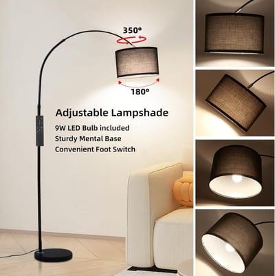 Booglamp met Afstandsbediening – Dimbare Vloerlamp met LED E27, Zwarte Design Booglamp met Stoffen Kap (33 cm) – Verstelbare Arm, Kleurtemperatuur 2700–6500K, Voetschakelaar – Vintage & Moderne Woonkamerlamp