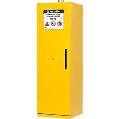 Justrite veiligheidskast EN 90, lekbak, 3 legborden, H 2070 x B 600 x D 600 mm, geel
