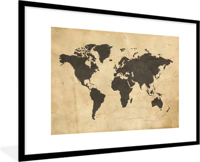Poster in lijst - Fotolijst 120x80 cm - Posters - Wereldkaart - Sepia - Vintage - Bruin - Posterlijst zwart - Decoratie - Wanddecoratie woonkamer - Muurdecoratie slaapkamer
