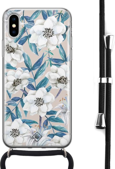 Casimoda® hoesje met koord - Geschikt voor iPhone Xs - Bloemen / Floral blauw - Afneembaar koord - Siliconen/TPU - Blauw