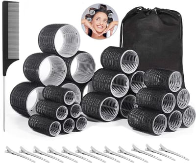 Krulspelden Rollers voor Heatless Curls - 38 Delig - 4 Maten - Haarrollers - Haarkruller - Kleefrollers - Haar Rollers - Krullers - Heatless Curls - Met Kam, 12 Haarklemmen en Opbergzak - Verschillende Curlingeffecten - Zwart