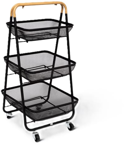 5Five Keuken/badkamer opberg trolley - 3 laags - zwart - 48 x 41 x 87 cm - mesh metaal