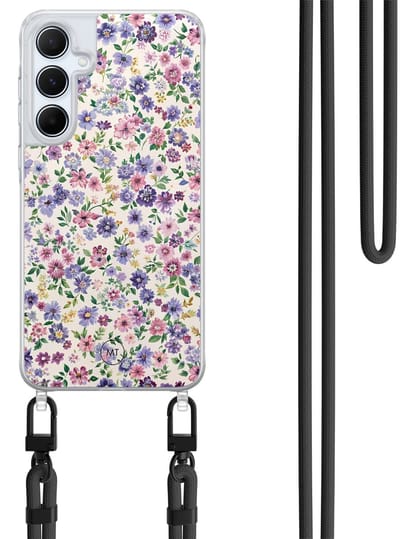 Hoesje met koord geschikt voor Samsung Galaxy A55 - Paarse bloemen - Inclusief Zwart koord - Crossbody beschermhoes - Transparant, Paars - Mooie Telefoonhoesjes